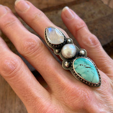 Three-Stone Ring with Rainbow Moonstone, Freshwater Pearl and Hubei Turquoise, US 6.25