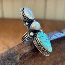 Three-Stone Ring with Rainbow Moonstone, Freshwater Pearl and Hubei Turquoise, US 6.25