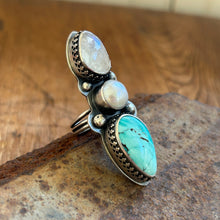 Three-Stone Ring with Rainbow Moonstone, Freshwater Pearl and Hubei Turquoise, US 6.25