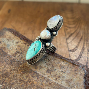 Three-Stone Ring with Rainbow Moonstone, Freshwater Pearl and Hubei Turquoise, US 6.25