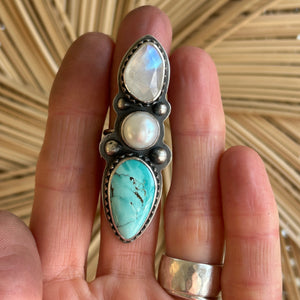 Three-Stone Ring with Rainbow Moonstone, Freshwater Pearl and Hubei Turquoise, US 6.25