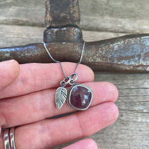 Burgundy Sapphire and Leaf Charm Necklace, ready-to-ship