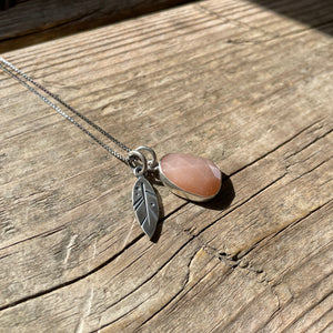 Peach Moonstone and Leaf Charm Necklace, ready-to-ship