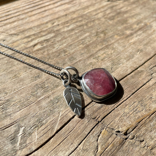 Burgundy Sapphire and Leaf Charm Necklace, ready-to-ship