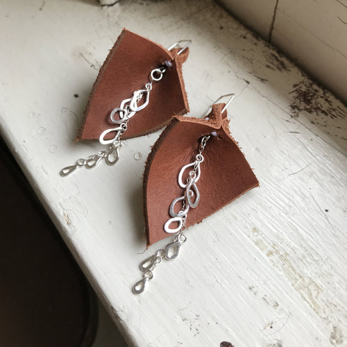Cascading Grow Earrings with Salvaged Leather, ready-to-ship