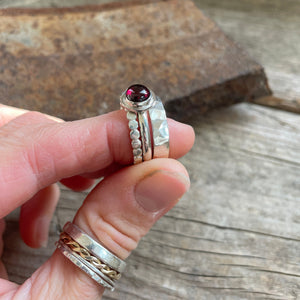 Silver and Garnet ring stack, US 8.5, ready-to-ship