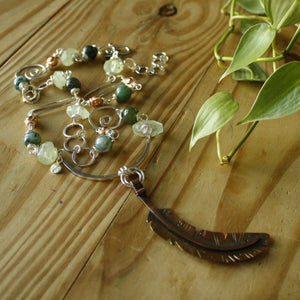 Copper Feather Necklace with Faceted Prehnite, Moss Agate and Copper Lantern Necklace—Ready-to-Ship
