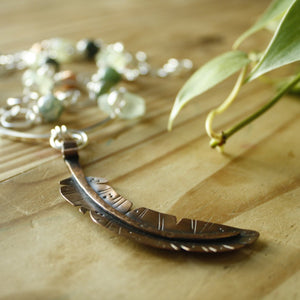 Copper Feather Necklace with Faceted Prehnite, Moss Agate and Copper Lantern Necklace—Ready-to-Ship