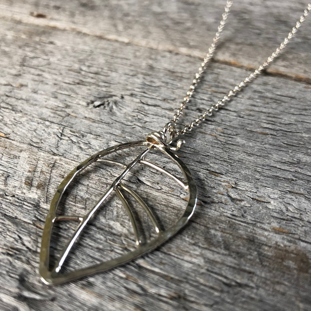 Sterling Silver Leaf Pendant Necklace—Hammered—Medium Size Leaf—31 Inch Chain—Simple Leaf Pendant—Ready-to-Ship
