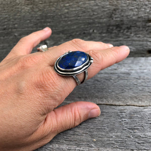 Lapis Statement Ring—US 8—Sterling Silver Oval Lapis Lazuli Statement Ring—Denim Blue Ring—Ready-to-Ship