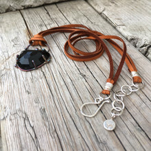 Obsidian and Leather Necklace—Argentium Silver and Freeform Faceted Obsidian Pendant Necklace—Rainbow Patina—Deerskin Necklace—Ready-to-Ship