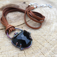 Obsidian and Leather Necklace—Argentium Silver and Freeform Faceted Obsidian Pendant Necklace—Rainbow Patina—Deerskin Necklace—Ready-to-Ship