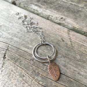 Rustic Leaf Necklace—Copper Stamped Leaf—Long Sterling Silver Rectangle Link Chain—Ready-to-Ship