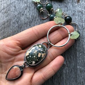 Ocean Jasper and Opal Pendant—Ocean Jasper and Opal Sterling Silver Necklace—Prehnite and Moss Agate Wire Wrapped Necklace—Ready-to-Ship