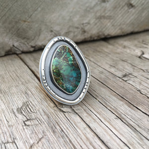Hubei Turquoise and Silver Ring—US 9.5—Blue Green Freeform Turquoise Shadow Box Ring I—Ready-to-Ship