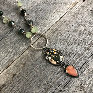 Ocean Jasper and Opal Pendant—Ocean Jasper and Opal Sterling Silver Necklace—Prehnite and Moss Agate Wire Wrapped Necklace—Ready-to-Ship
