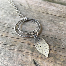 Rustic Leaf Necklace—Silver Stamped Leaf—Long Sterling Silver Textured Rectangle Link Chain—Ready-to-Ship
