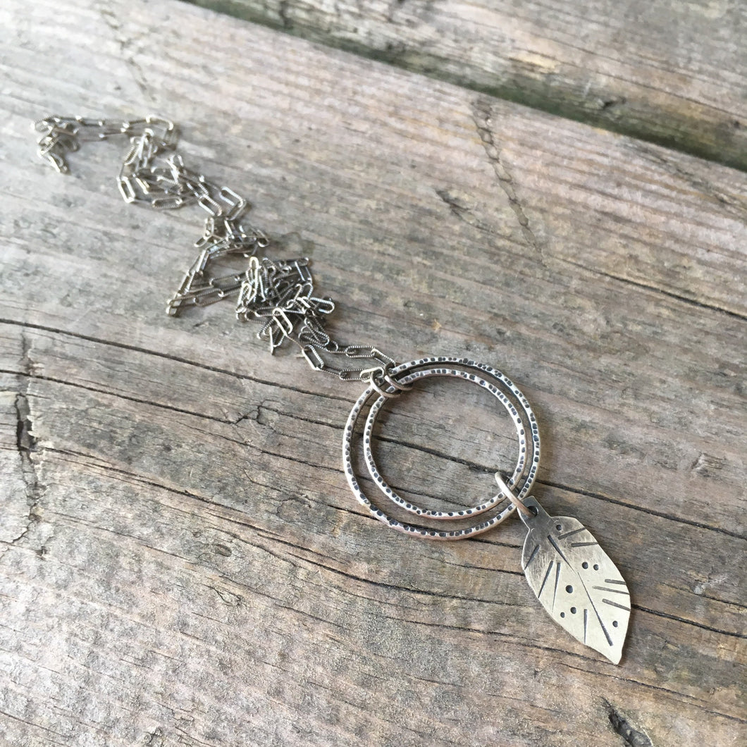 Rustic Leaf Necklace—Silver Stamped Leaf—Long Sterling Silver Textured Rectangle Link Chain—Ready-to-Ship