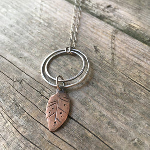 Rustic Leaf Necklace—Copper Stamped Leaf—Long Sterling Silver Rectangle Link Chain—Ready-to-Ship