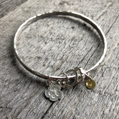 Silver Charm Bangle—Thick Hammered Sterling Silver Charm Bangle Bracelet—Ready-to-Ship