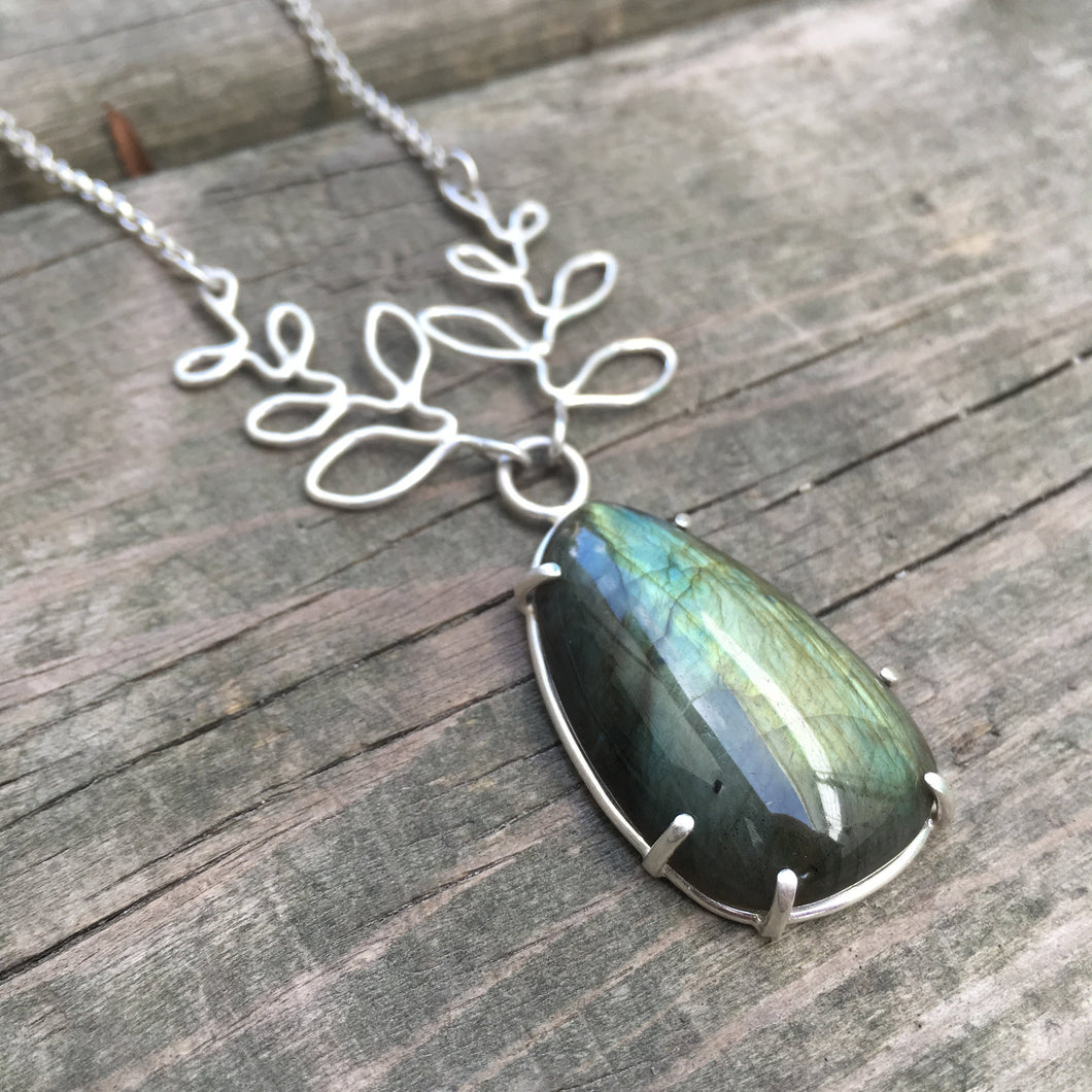 Long Labradorite Necklace—GROW Necklace II—Prong Set Smooth Freeform Labradorite—Adjustable Chain—Ready-to-Ship