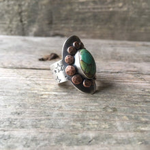 Silver Hubei Turquoise Saddle Ring—Sterling Silver Saddle Ring with Hammered Copper Nuggets—Statement Ring—US 9—Ready-to-Ship