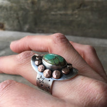 Silver Hubei Turquoise Saddle Ring—Sterling Silver Saddle Ring with Hammered Copper Nuggets—Statement Ring—US 9—Ready-to-Ship