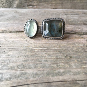Two Stone Ring III—US 9.25—Prehnite and Labradorite Multi Stone Ring—Huge Cocktail Ring—Open Band Ring—Ready-to-Ship