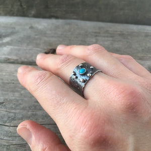 Recycled Silver Ring—US 8.25—Phoenix Ring XIII—Scrappy Recycled Ring—Fused Sterling Silver Ring with Turquoise—Ready-to-Ship