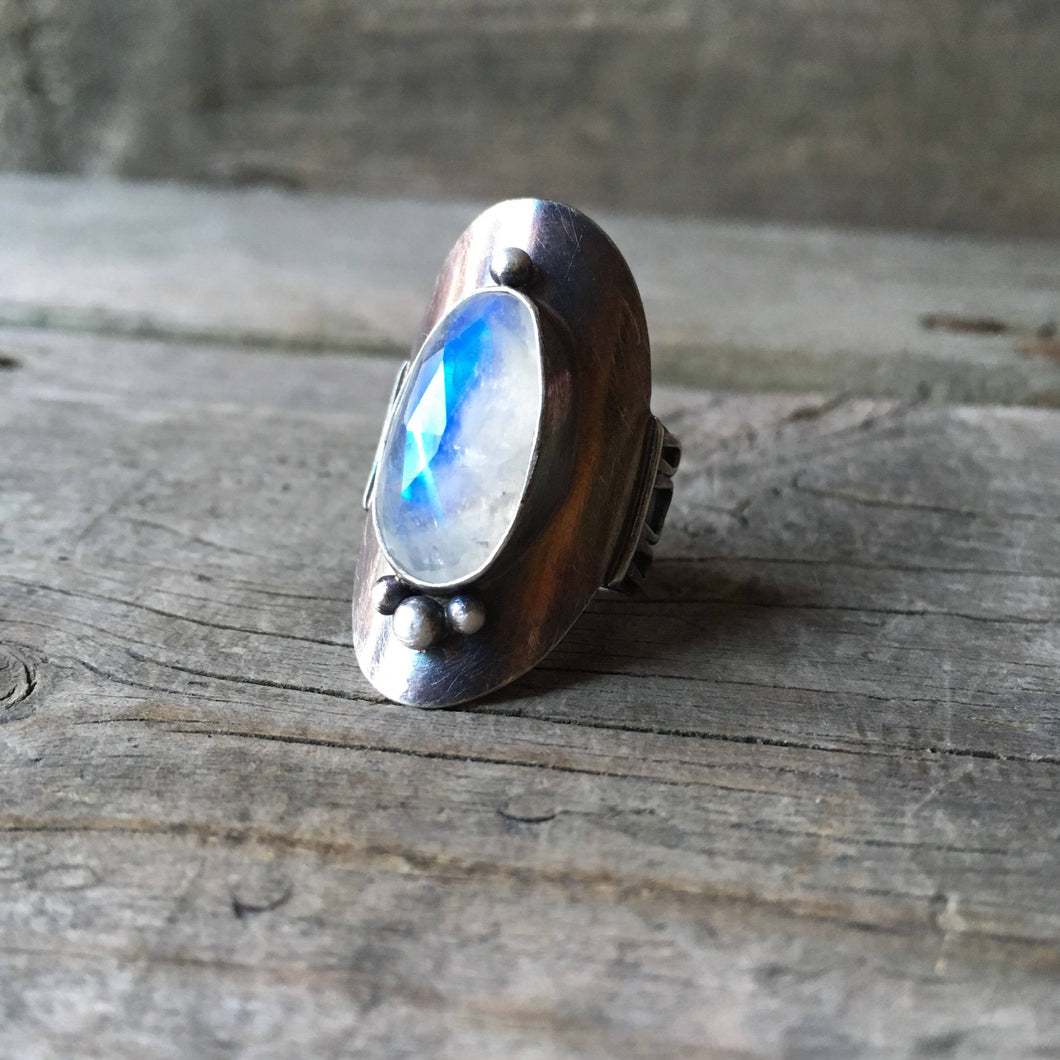 Moonstone and Silver Saddle Ring—US 6.25—Efflorescence Saddle Ring with Spirals—Ready-to-Ship