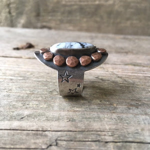 Silver Saddle Ring—US 8—White Buffalo—Sterling Silver Saddle Ring with Hammered Copper Nuggets—Statement Ring—Ready-to-Ship