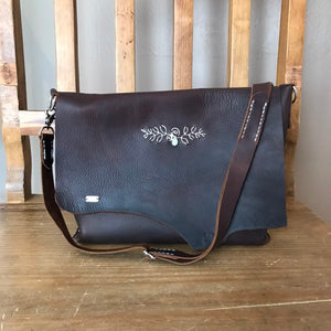 Leather Crossbody Bag—GROW—Dark Brown Kodiak Leather Hand Stitched Shoulder Bag—Sterling Silver and Turquoise Embellishment—Ready-to-Ship