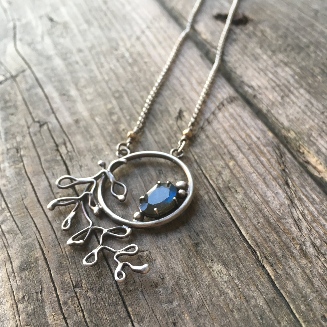 Botanical Labradorite Necklace—Sterling Silver Whimsical Leafy Necklace—Prong Setting—Ready-to-Ship