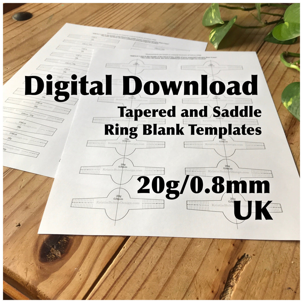 Ring Blank Template—UK Sizes—20g/0.8mm—Saddle Ring and Tapered Band Template—Metalsmith—Printable PDF Template—Digital Download